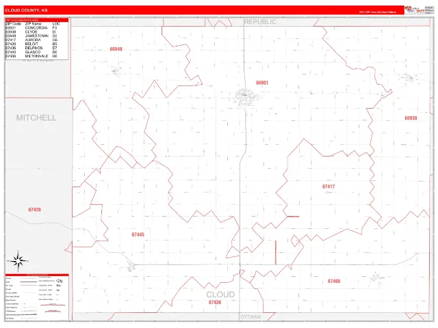 Cloud County, KS ZIP Code Wall Map, RedLine style