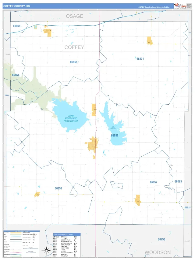 Coffey County, KS ZIP Code Wall Map, Business Reference style