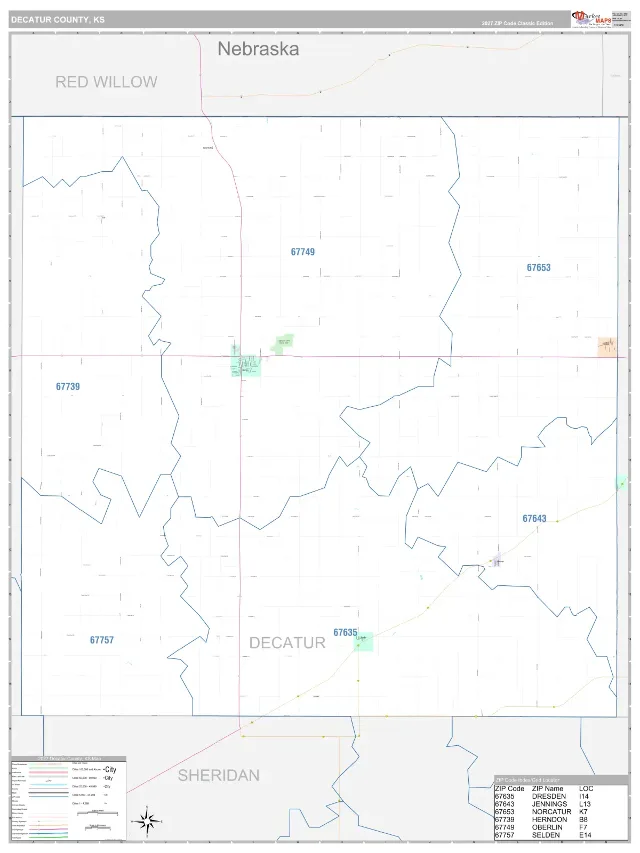 Decatur County, KS ZIP Code Wall Map, Classic style
