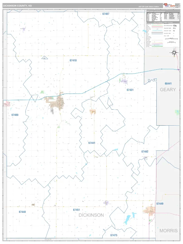 Dickinson County, KS ZIP Code Wall Map, Classic style