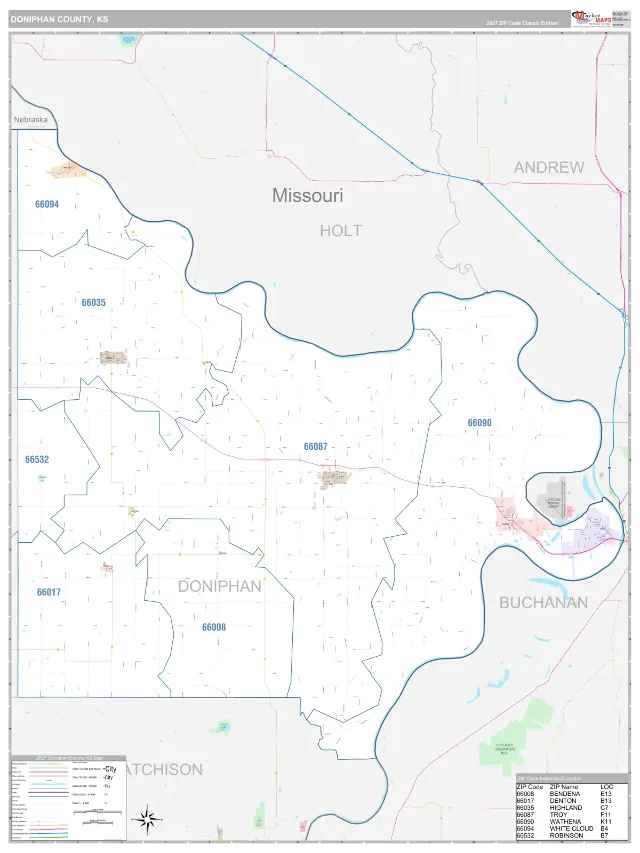 Doniphan County, KS ZIP Code Wall Map, Classic style