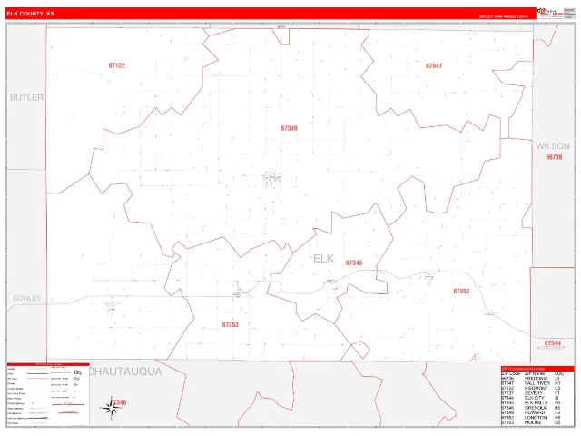 Elk County, KS ZIP Code Wall Map, RedLine style