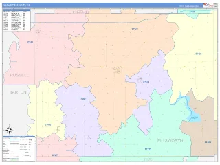 Ellsworth County, KS ColorCast style ZIP Code wall map