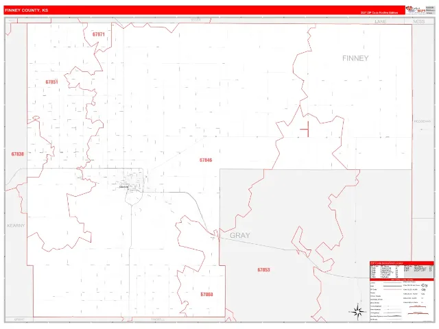 Finney County, KS ZIP Code Wall Map, RedLine style