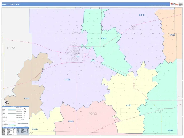 Ford County, KS ZIP Code Wall Map, ColorCast style