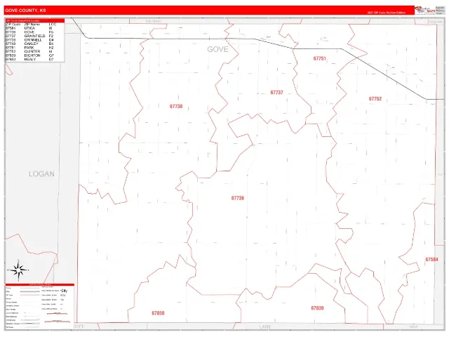 Gove County, KS ZIP Code Wall Map, RedLine style