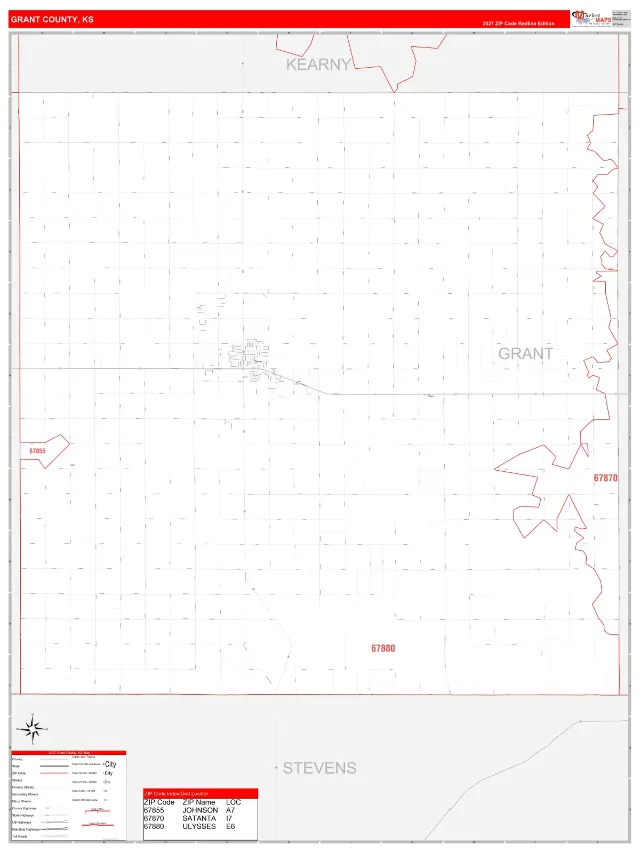 Grant County, KS ZIP Code Wall Map, RedLine style