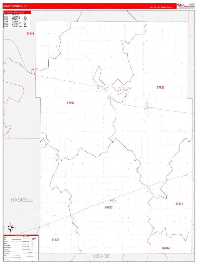 Gray County, KS ZIP Code Wall Map, RedLine style