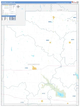 Greenwood County, KS Business Reference style ZIP Code wall map