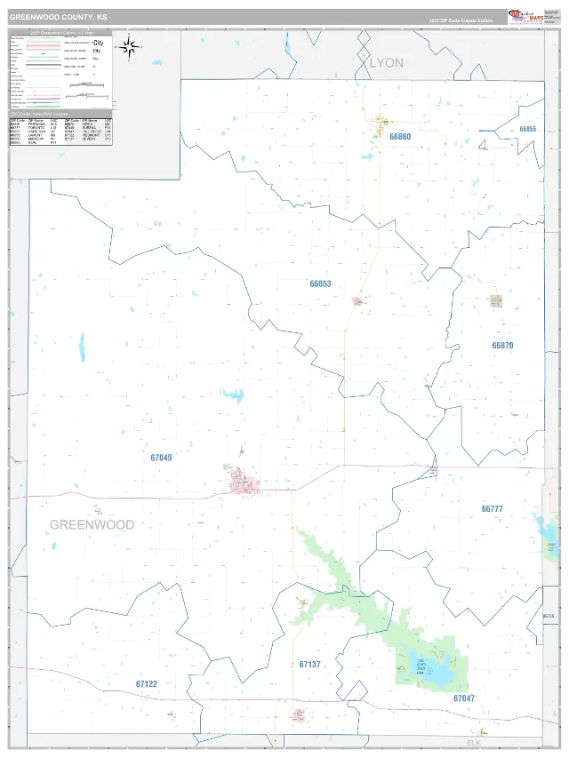 Greenwood County, KS ZIP Code Wall Map, Classic style