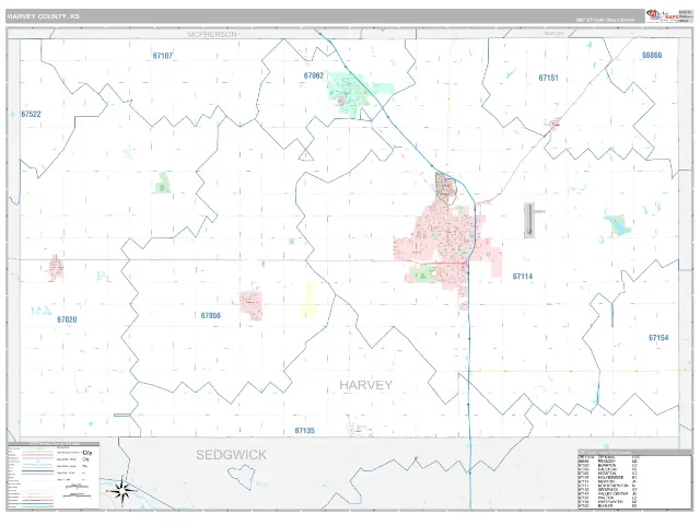Harvey County, KS ZIP Code Wall Map, Classic style