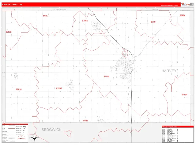 Harvey County, KS ZIP Code Wall Map, RedLine style