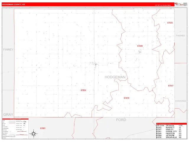 Hodgeman County, KS ZIP Code Wall Map, RedLine style