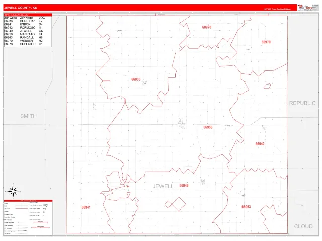 Jewell County, KS ZIP Code Wall Map, RedLine style