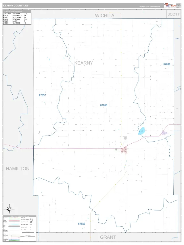 Kearny County, KS ZIP Code Wall Map, Classic style