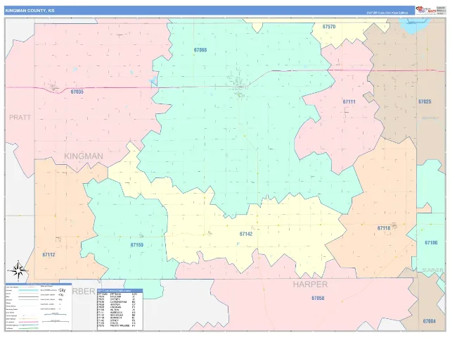 Kingman County, KS ZIP Code Wall Map, ColorCast style