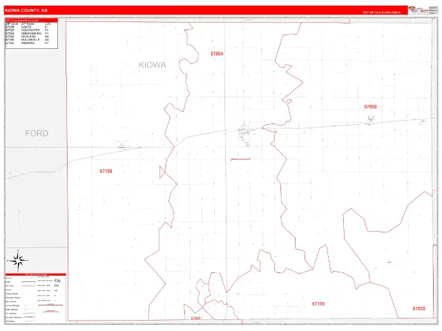 Kiowa County, KS ZIP Code Wall Map, RedLine style