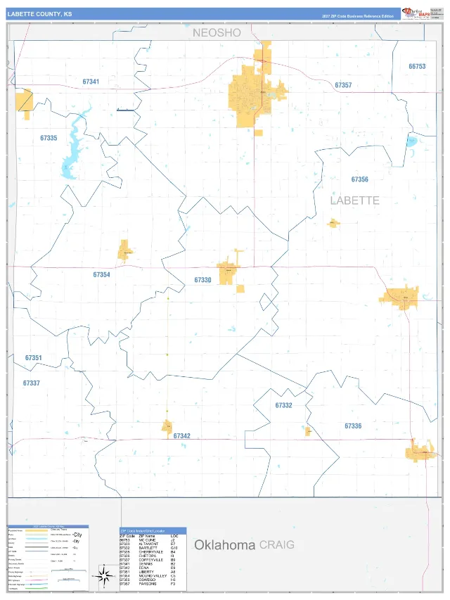 Labette County, KS ZIP Code Wall Map, Business Reference style
