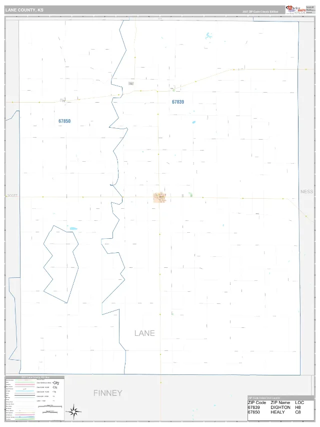 Lane County, KS ZIP Code Wall Map, Classic style
