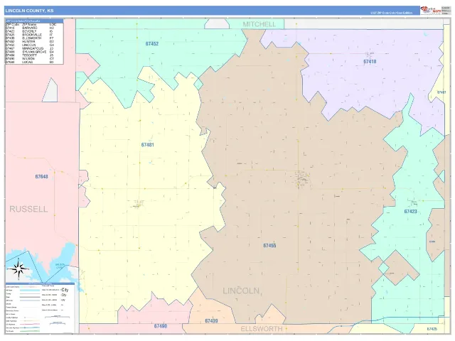 Lincoln County, KS ZIP Code Wall Map, ColorCast style