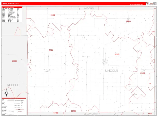 Lincoln County, KS ZIP Code Wall Map, RedLine style