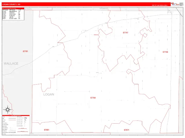 Logan County, KS ZIP Code Wall Map, RedLine style