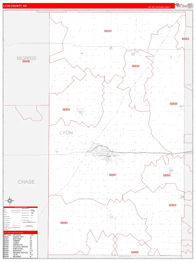 Lyon County, KS ZIP Code Wall Map, RedLine style