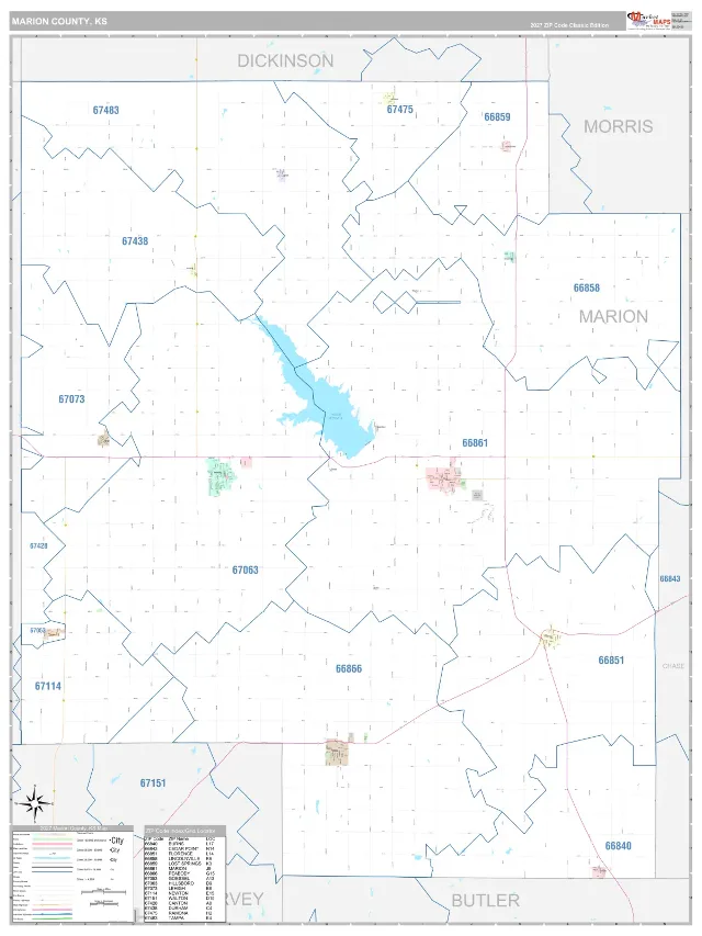 Marion County, KS ZIP Code Wall Map, Classic style