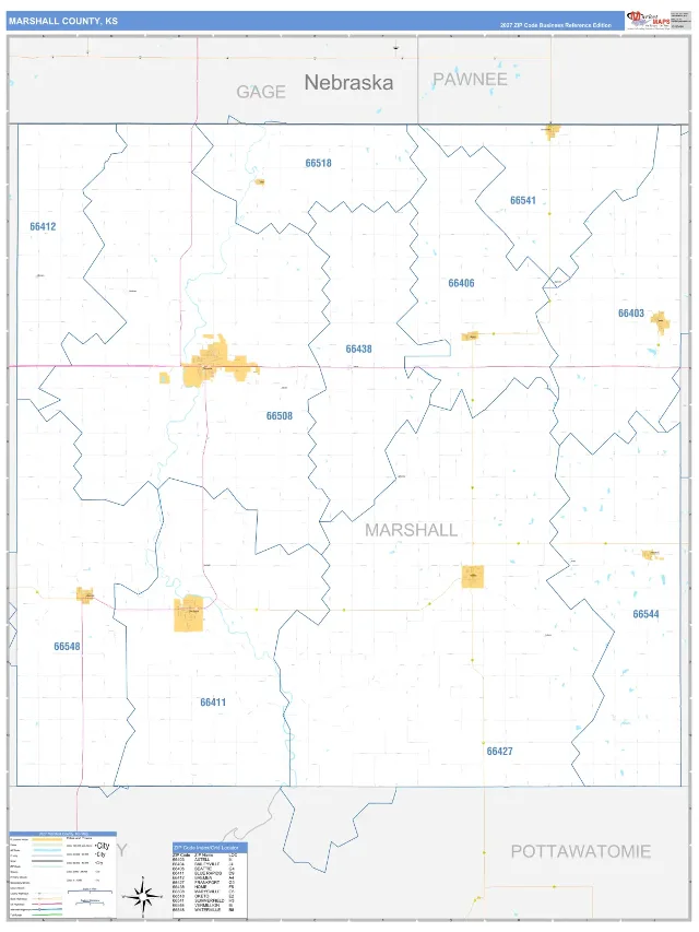 Marshall County, KS ZIP Code Wall Map, Business Reference style