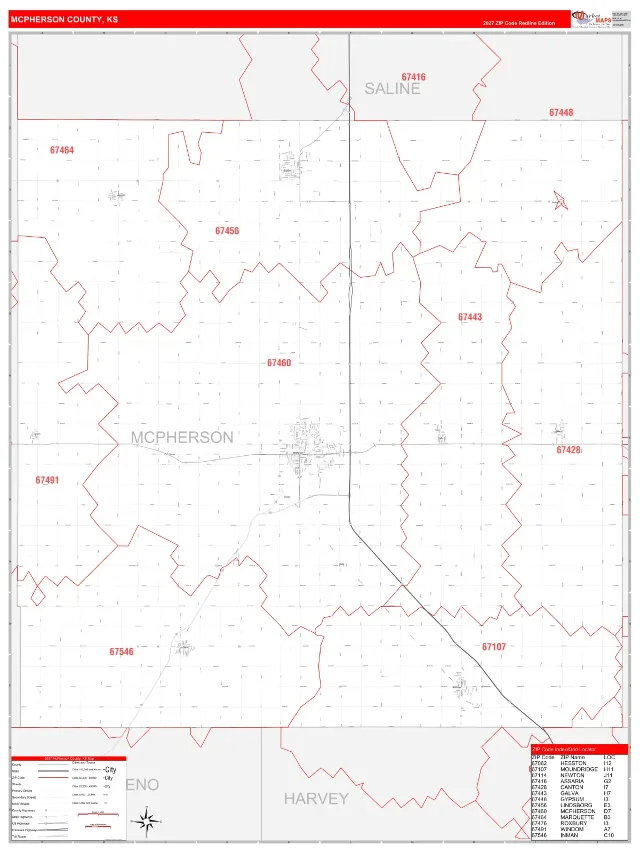 McPherson County, KS ZIP Code Wall Map, RedLine style