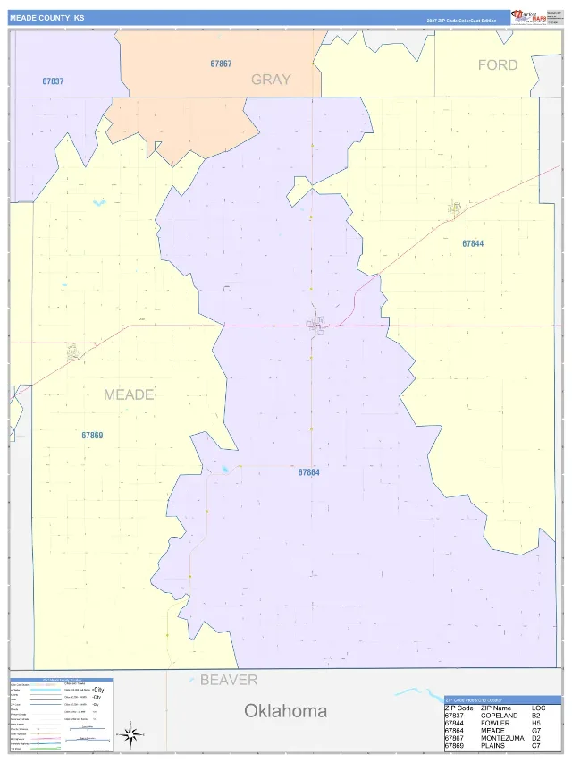 Meade County, KS ZIP Code Wall Map, ColorCast style