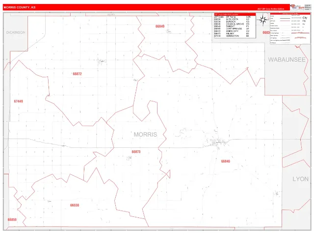 Morris County, KS ZIP Code Wall Map, RedLine style