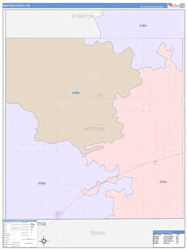 Morton County, KS ZIP Code Wall Map, ColorCast style