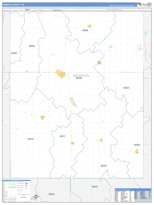 Nemaha County, KS ZIP Code Wall Map, Business Reference style