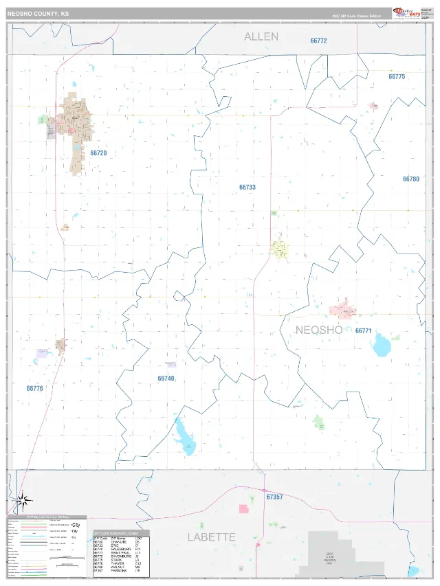 Neosho County, KS ZIP Code Wall Map, Classic style