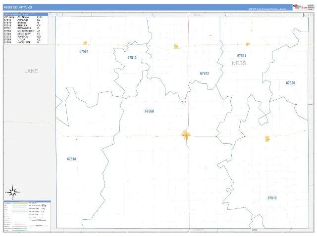 Ness County, KS ZIP Code Wall Map, Business Reference style