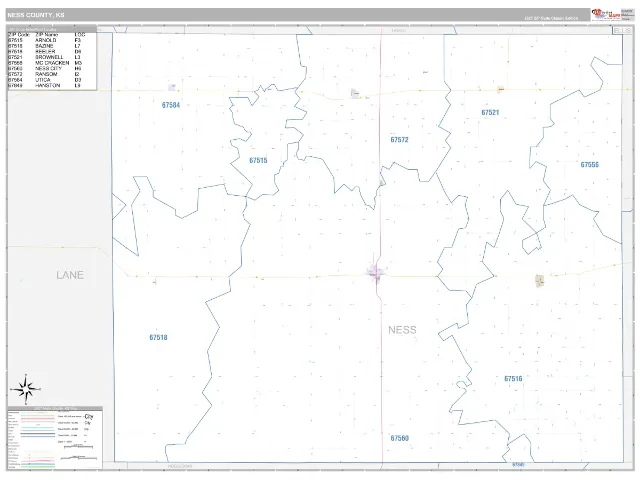 Ness County, KS ZIP Code Wall Map, Classic style