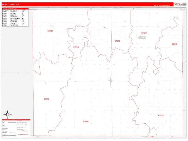 Ness County, KS ZIP Code Wall Map, RedLine style