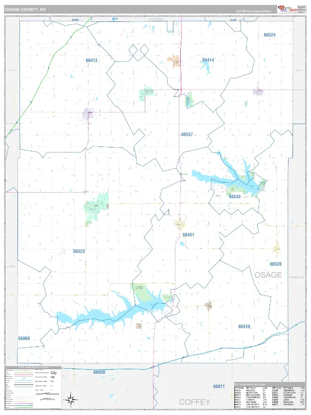 Osage County, KS ZIP Code Wall Map, Classic style
