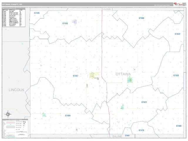 Ottawa County, KS ZIP Code Wall Map, Classic style