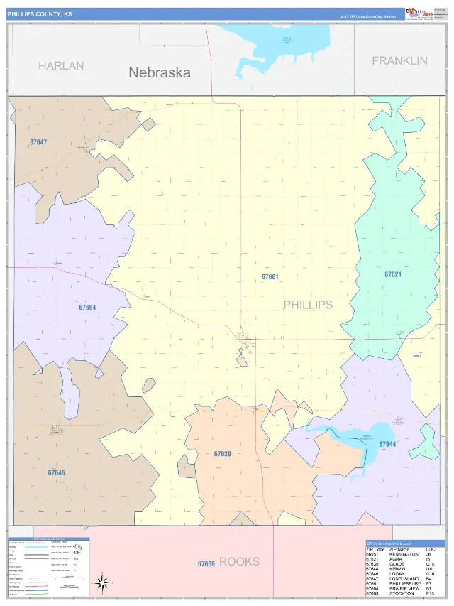 Phillips County, KS ZIP Code Wall Map, ColorCast style