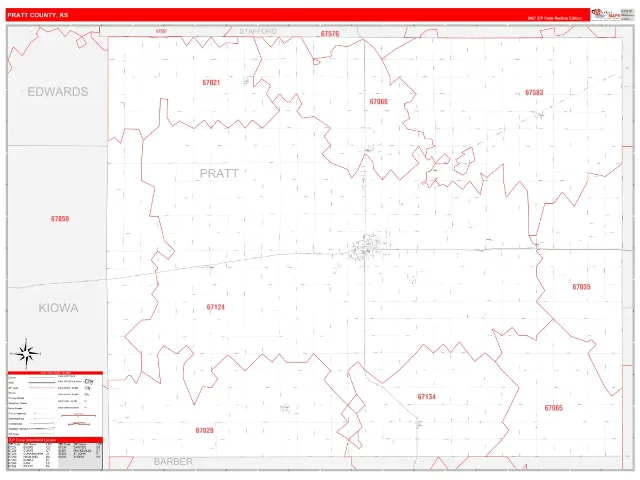 Pratt County, KS ZIP Code Wall Map, RedLine style
