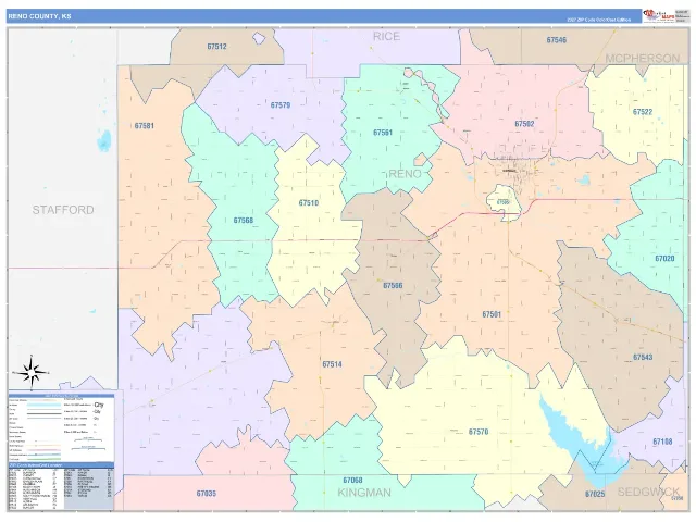 Reno County, KS ZIP Code Wall Map, ColorCast style