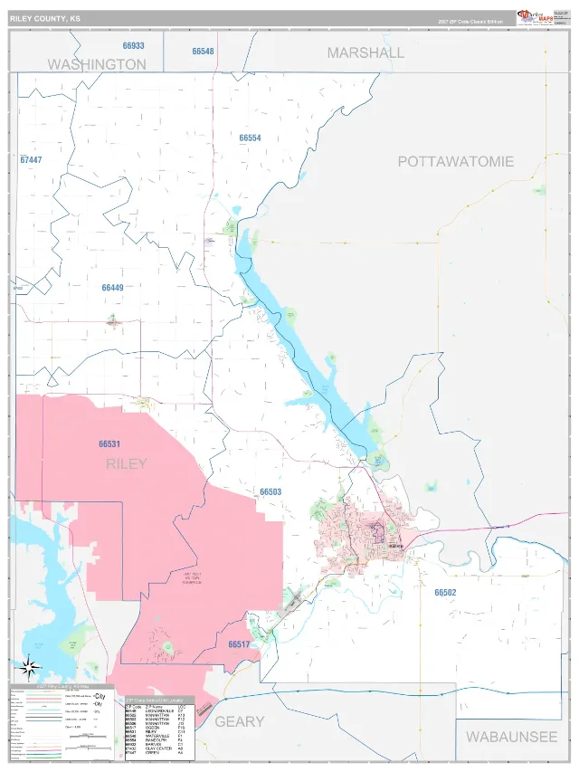 Riley County, KS ZIP Code Wall Map, Classic style