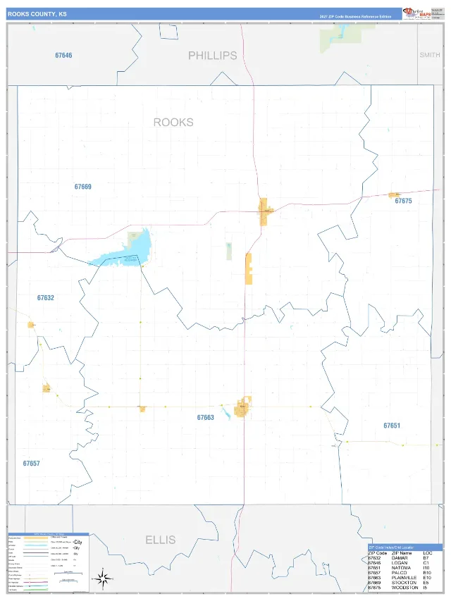 Rooks County, KS ZIP Code Wall Map, Business Reference style