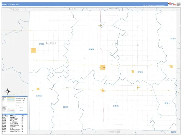 Rush County, KS ZIP Code Wall Map, Business Reference style