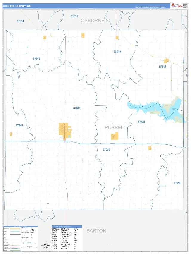 Russell County, KS ZIP Code Wall Map, Business Reference style