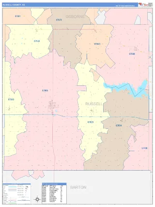 Russell County, KS ColorCast style ZIP Code wall map