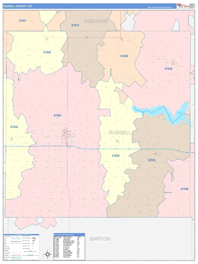 Russell County, KS ZIP Code Wall Map, ColorCast style