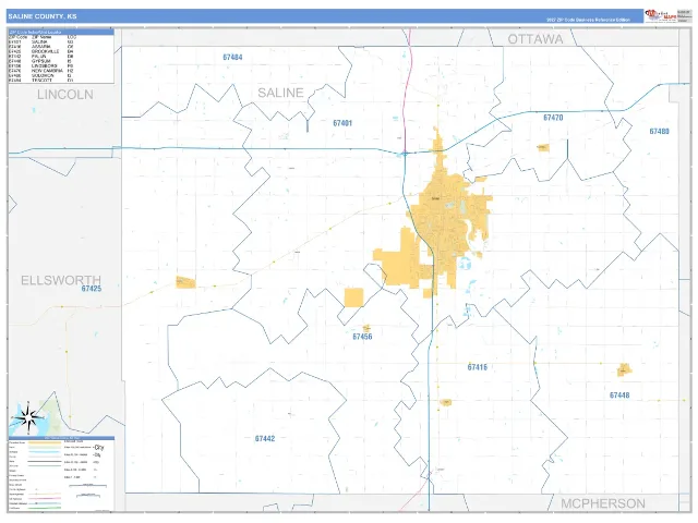 Saline County, KS ZIP Code Wall Map, Business Reference style